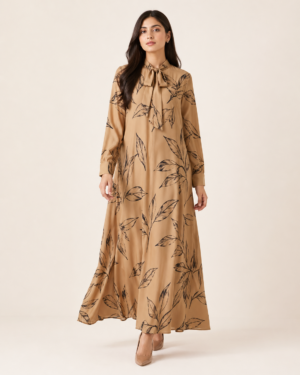 elrare camel botanical tie maxi dress front view