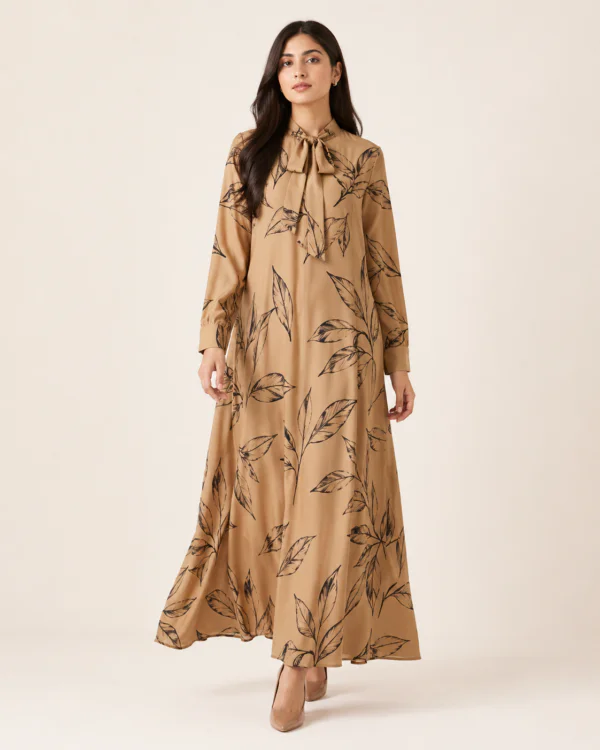 elrare camel botanical tie maxi dress front view