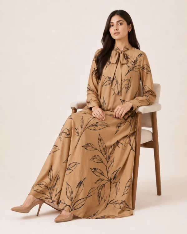 elrare camel botanical tie maxi dress seated