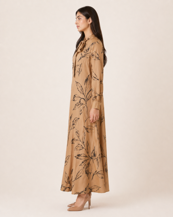 elrare camel botanical tie maxi dress side view