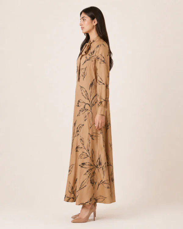elrare camel botanical tie maxi dress side view