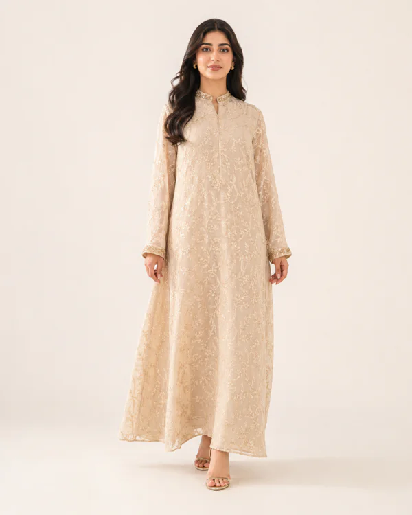 elrare champagne chikankari maxi dress front view