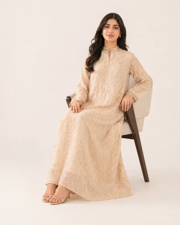 elrare champagne chikankari maxi dress seated
