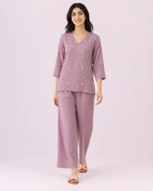 elrare dusty mauve floral lounge set front view