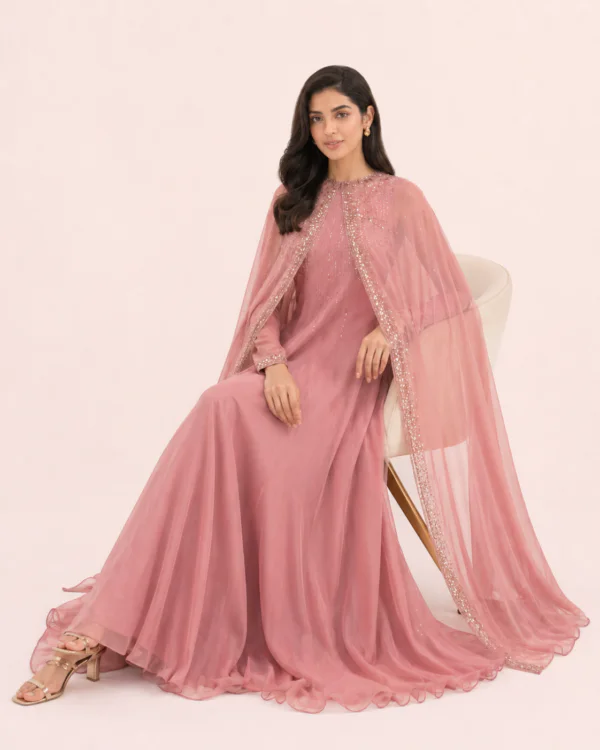 elrare dusty rose cape maxi dress seated