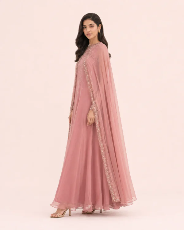 elrare dusty rose cape maxi dress side view