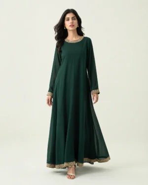 elrare emerald gold border maxi dress front view
