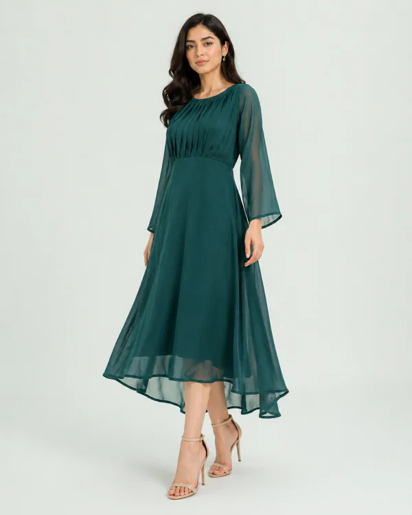 elrare emerald green chiffon maxi dress front pose
