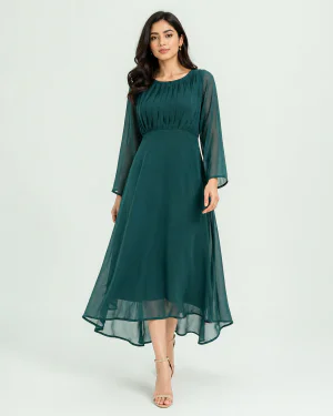 elrare emerald green chiffon maxi dress front view