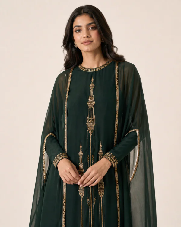 elrare forest green gold cape maxi dress detail view
