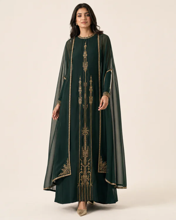 elrare forest green gold cape maxi dress front view