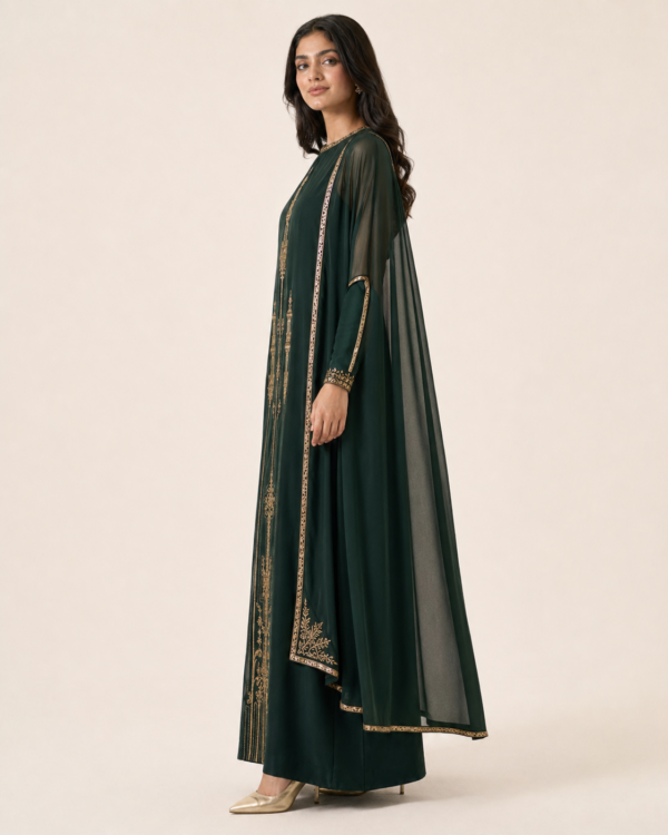 elrare forest green gold cape maxi dress side view