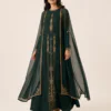 elrare forest green gold cape maxi dress walking view