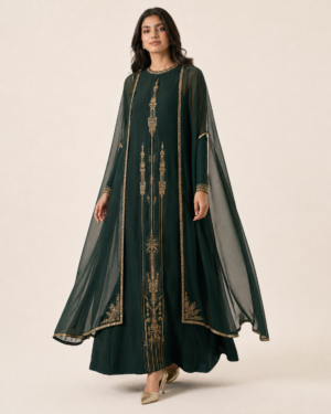 elrare forest green gold cape maxi dress walking view