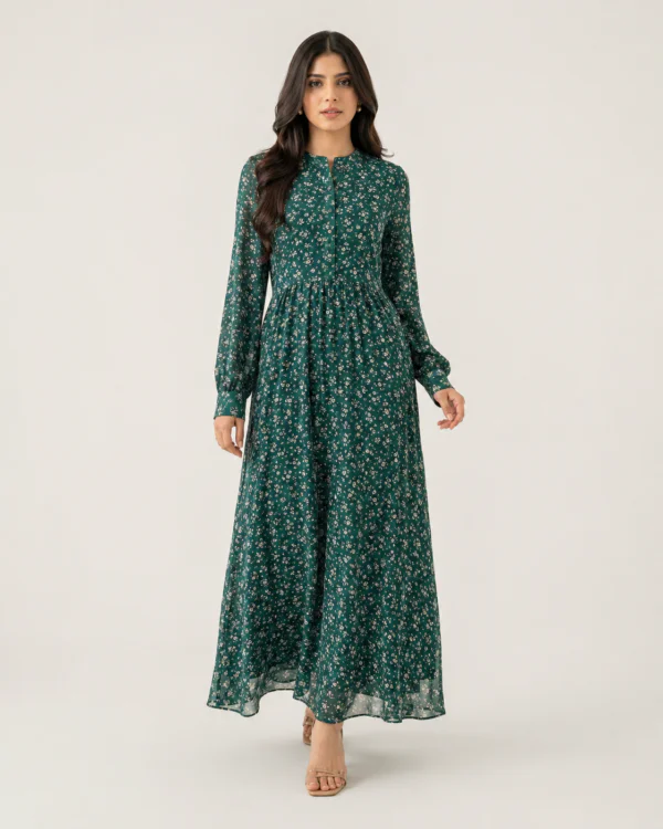elrare green ditsy floral maxi dress front view