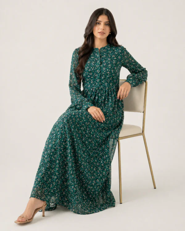 elrare green ditsy floral maxi dress seated