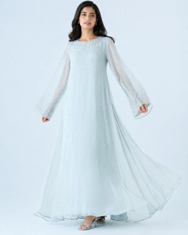 elrare ice blue pearl bell maxi dress flared