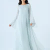 elrare ice blue pearl bell maxi dress front view