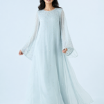 elrare ice blue pearl bell maxi dress front view
