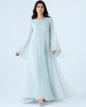 elrare ice blue pearl bell maxi dress front view