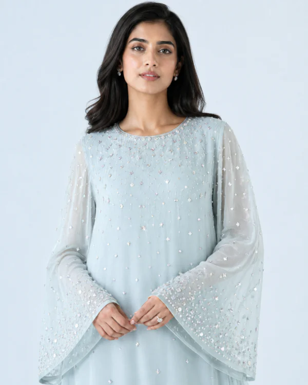 elrare ice blue pearl bell maxi dress neckline detail