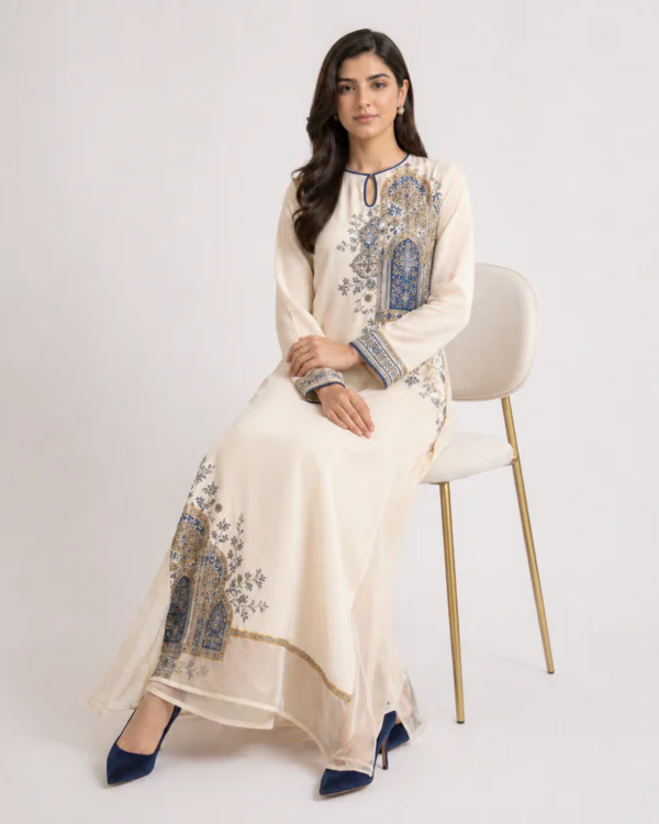elrare ivory arch tile maxi dress seated