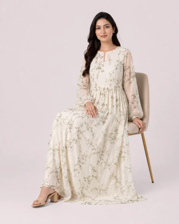 elrare ivory botanical floral maxi dress seated