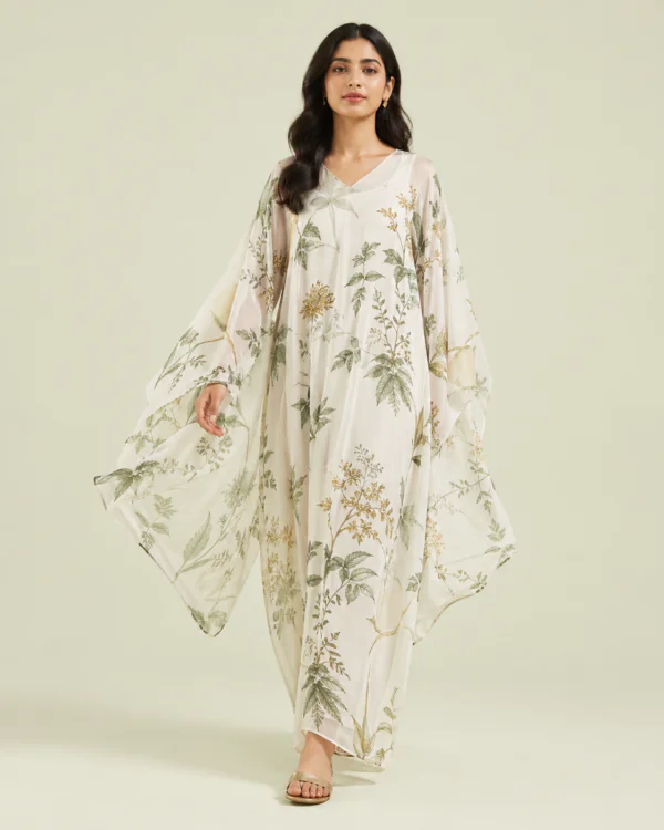 elrare ivory botanical kaftan front view