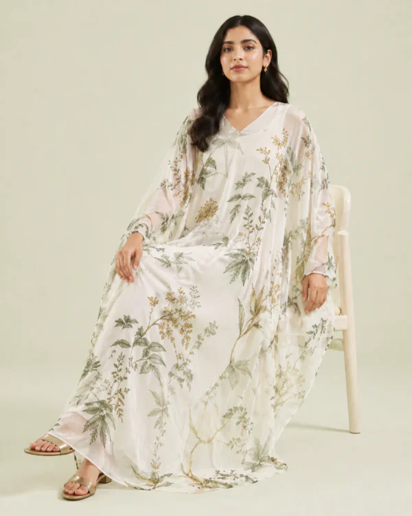 elrare ivory botanical kaftan seated
