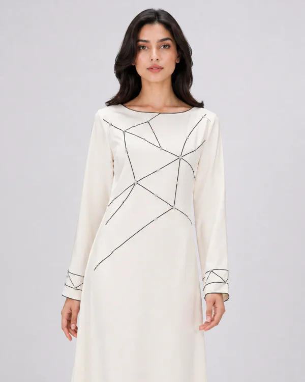 elrare ivory geometric line maxi dress neckline detail