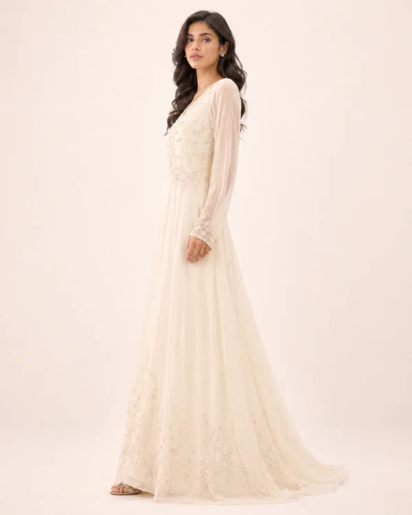 elrare ivory pearl embroidered maxi dress side view 1