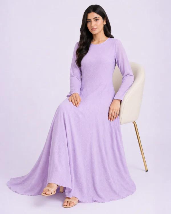 elrare lilac flared maxi dress seated
