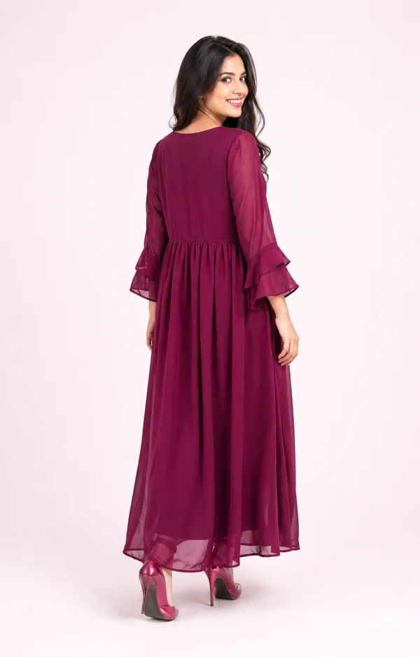 elrare magenta ruffle sleeve maxi dress back view