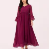 elrare magenta ruffle sleeve maxi dress front pose