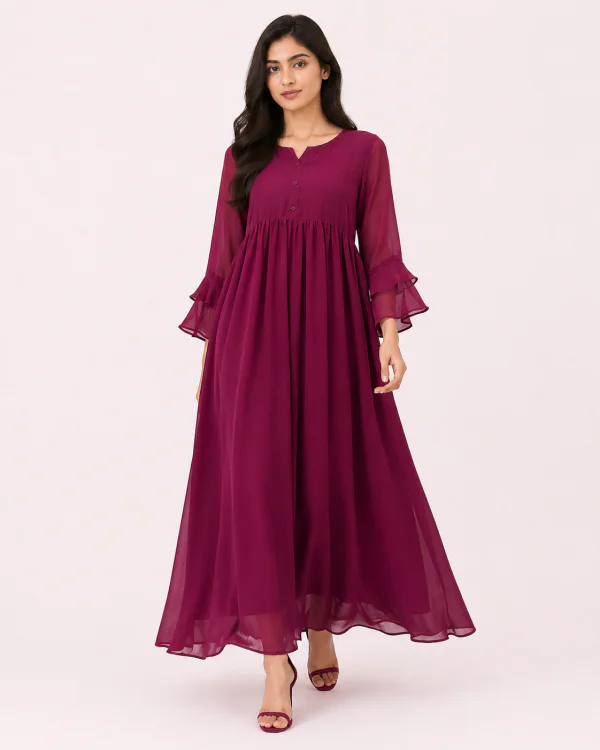 elrare magenta ruffle sleeve maxi dress front pose