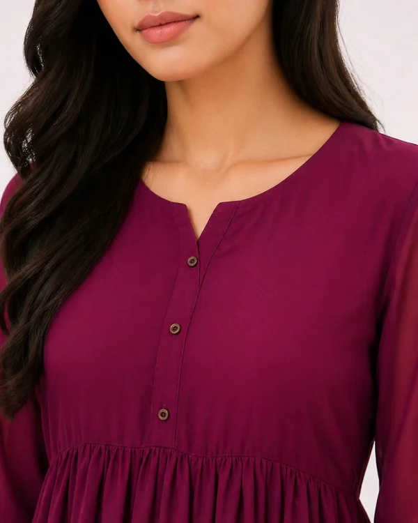 elrare magenta ruffle sleeve maxi dress neckline detail