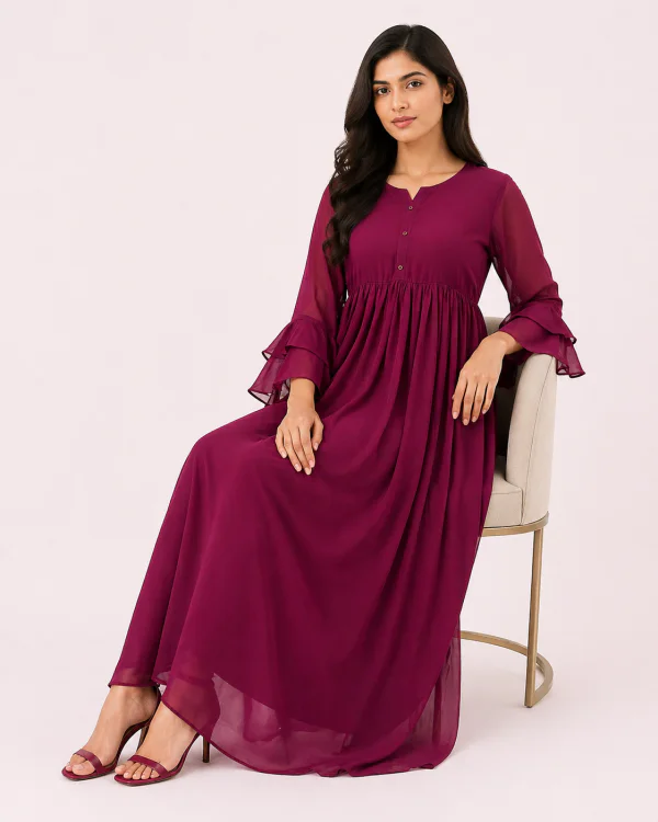 elrare magenta ruffle sleeve maxi dress seated