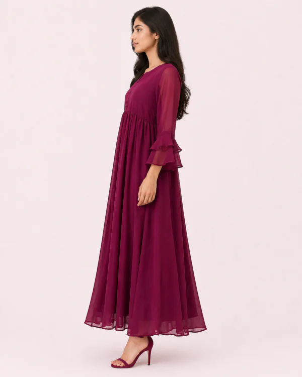 elrare magenta ruffle sleeve maxi dress side view