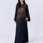 elrare midnight navy gold cascade maxi dress front view