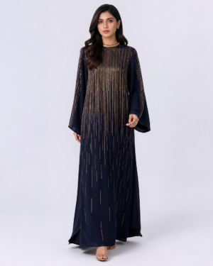 elrare midnight navy gold cascade maxi dress front view