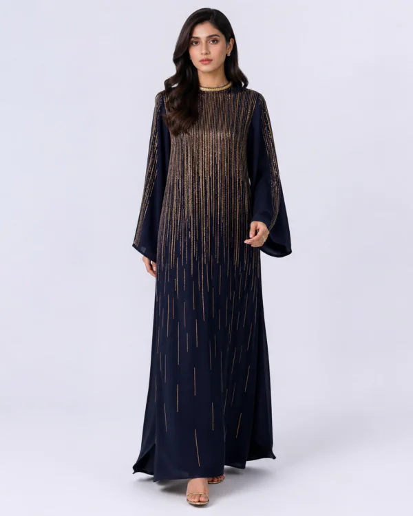 elrare midnight navy gold cascade maxi dress front view