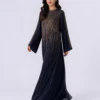 elrare midnight navy gold cascade maxi dress walking view