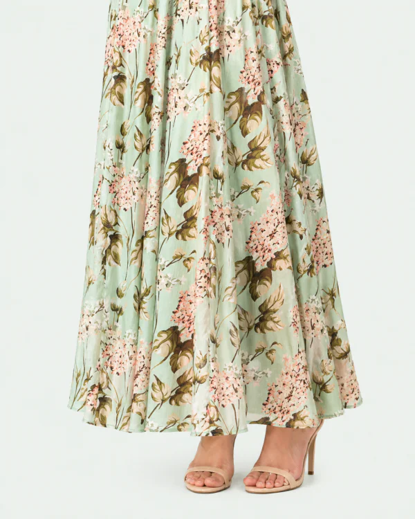elrare mint garden floral maxi dress hem closeup