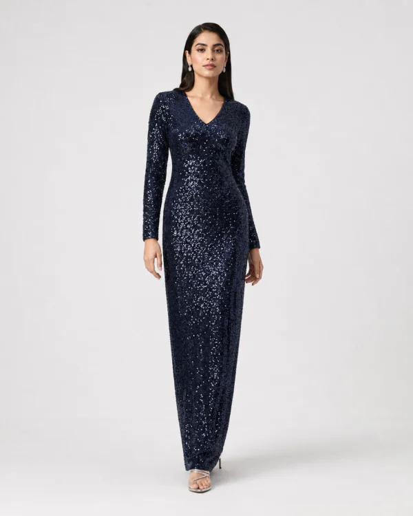 elrare navy sequin maxi dress front view