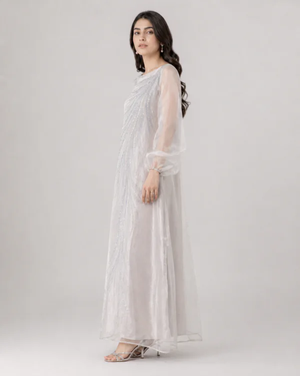 elrare pearl sequin organza maxi dress side view