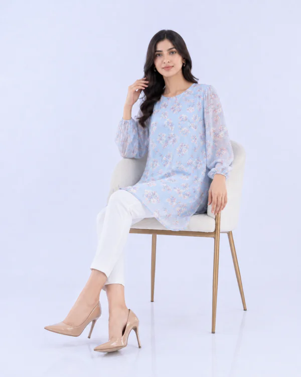 elrare powder blue floral chiffon top seated