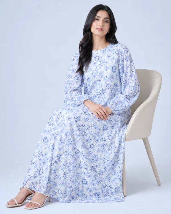 elrare powder blue porcelain maxi dress seated