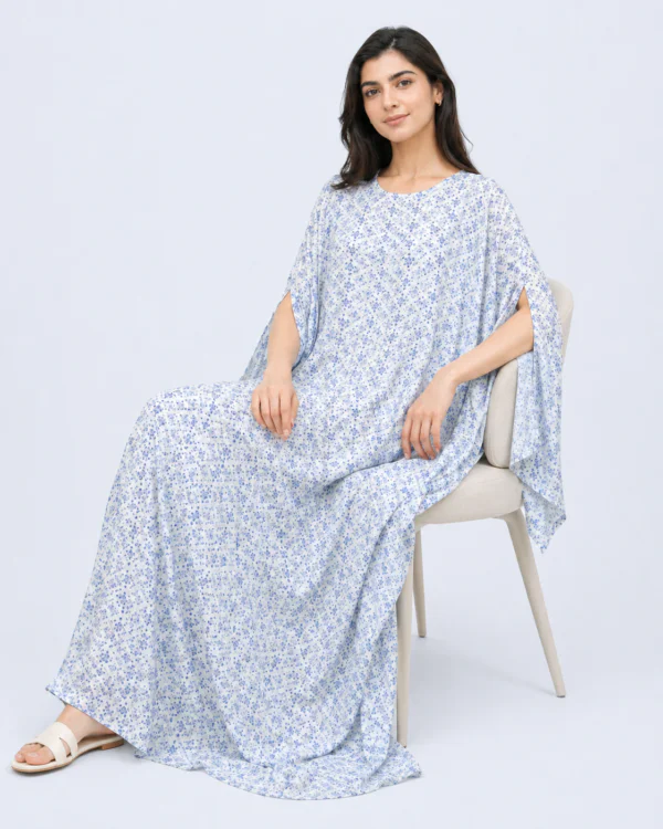 elrare powder blue tile kaftan seated