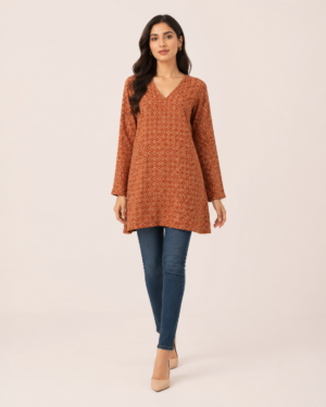 elrare rust tile print tunic front view