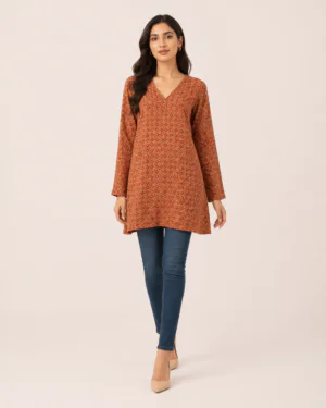 elrare rust tile print tunic front view